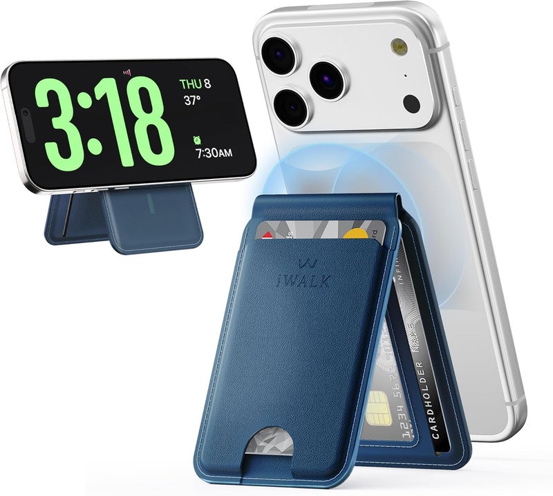 iWalk Stronger Magnetic Wallet, Upgraded for MagSafe Wallet, RFID Blocking, 5 Card Holder with Adjustable Stand, Slim Leather Phone Wallets for iPhone 16/15/14/13/12 Series, iPhone Wallets Navy Blue - Image 1